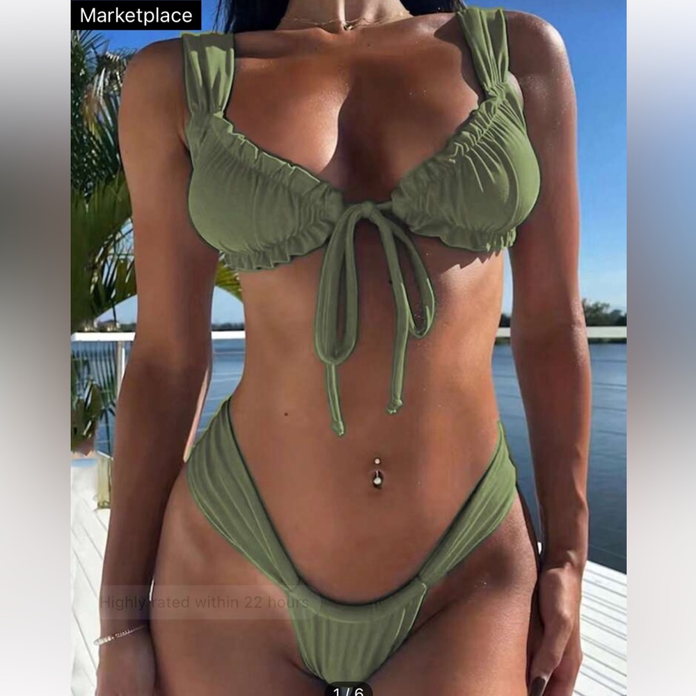 Bikini Swimsuit For Women, Split Type, Rope-tied, With Frill Trim